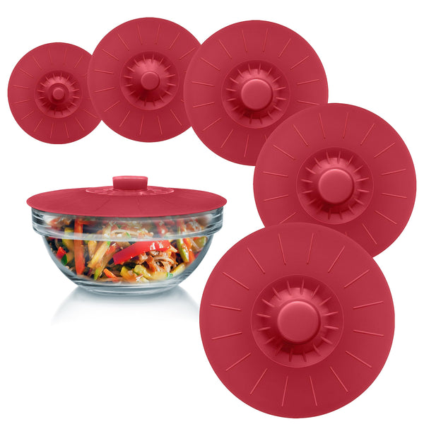 Silicone Bowl Lids Red, Set of 5 Reusable Suction Seal Covers for Bowls, Pots, Cups. Food Safe Natural Grip, Interlocking Handles for Easy Use and