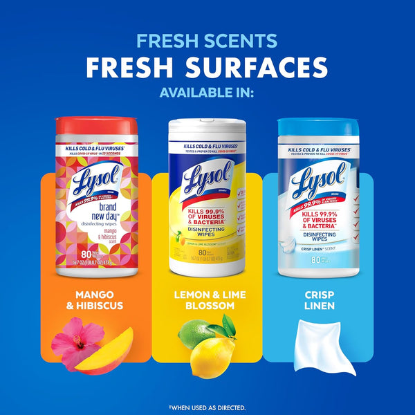Lysol Disinfectant Wipes, Multi-Surface Antibacterial Cleaning Wipes, for Disinfecting and Cleaning, Lemon and Lime Blossom, Pack of 4 (Packaging