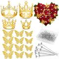 cridoz Gold Crowns for Flower Bouquets, Flower Bouquet Accessories Including 4 Pcs Bouquet Crown, 12 Pcs Butterfly Decorations and 50 Pcs Flower