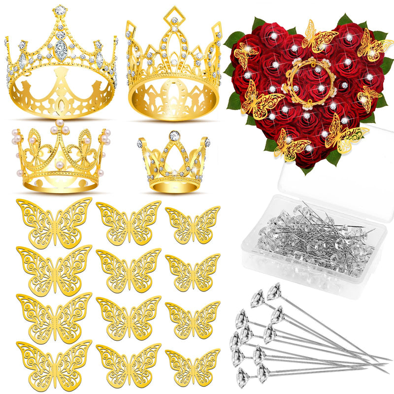 cridoz Gold Crowns for Flower Bouquets, Flower Bouquet Accessories Including 4 Pcs Bouquet Crown, 12 Pcs Butterfly Decorations and 50 Pcs Flower