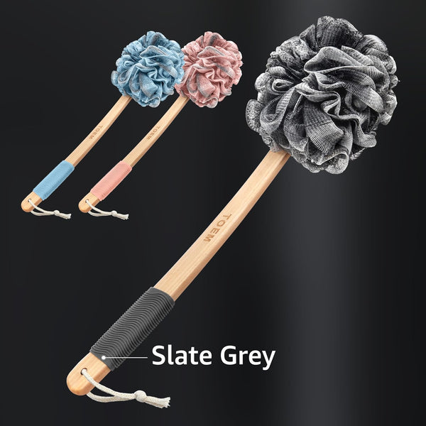 Toem® Loofah Back Scrubber for Shower | Bamboo Charcoal | Long Handle Slate Grey