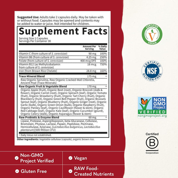 Garden of Life Vitamin Code Healthy Blood - Iron Supplement for Women, 60 Vegan Capsules, with Vitamins B, C, Trace Minerals, Fruit Veggies,