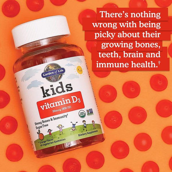 Garden of Life Kids, Vitamin D3, Orange, 20 mcg (800 IU), 60 Vegetarian Gummies 60 Count (Pack of 1)