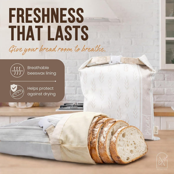 Nectar & Nest Reusable Bread Bags for Homemade Bread (2 Pack) - XL Cotton Beeswax Bags, Sourdough Bag, Beeswax Bag, Sourdough Storage