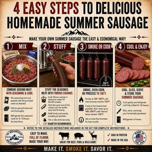 Hi Mountain HUNTER'S BLEND Summer Sausage Seasoning Kit | Complete sausage-making kit with seasoning, cure & 10 casings. Makes 30 lbs for beef,