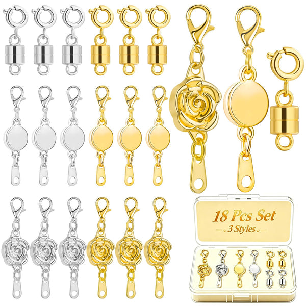 18 Pcs 3 Styles Magnetic Necklace Clasps and Closures, Rose Round Cylindrical Jewelry Magnetic Clasp Connector Locking Magnetic Clasp Bracelet