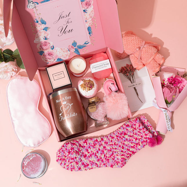 Birthday Gift Basket for Women - Unique Pink Box for Her Relaxing Self Care Set 