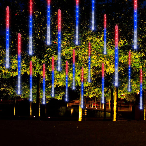 Dazzle Bright 4th of July Lights Decorations, 288LED Red Blue and White Meteor Shower Rain Lights 12Inch 8 Tubes, Waterproof Plug in Falling Rain