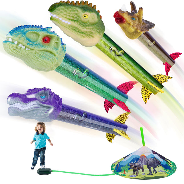 Dinosaur Toy Rocket Launcher for Kids - Launch Up to 100 Ft, 4 Rockets, Outdoor Outside Toys for Kids, Dinosaur Toys, Bi