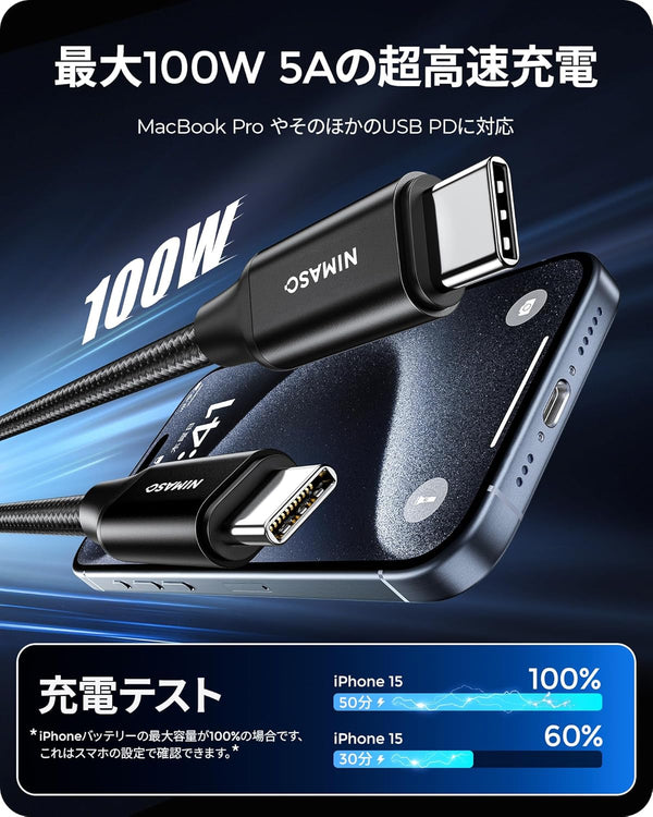 NIMASO USB C 3.1 Gen 2 Cable 10Gbps Data Transfer, 4K Video Output Monitor Cable100W PD Fast Charging for Iphone 16, Macbook, Huawei Matebook,