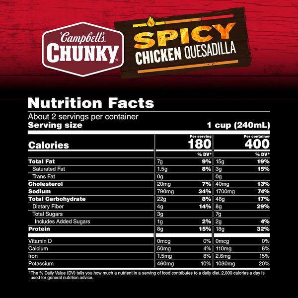 Campbell's Chunky Soup, Spicy Chicken Quesadilla Soup, 18.8 oz Can Spicy Chicken Quesadilla 18.8 Ounce (Pack of 1)