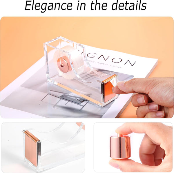 Famassi Rose Gold Desk Accessories，Office Supplies Set Acrylic Stapler Set Staple Remover, Tape Holder, 2 Ballpoint Pen, Scissor, Binder/Paper