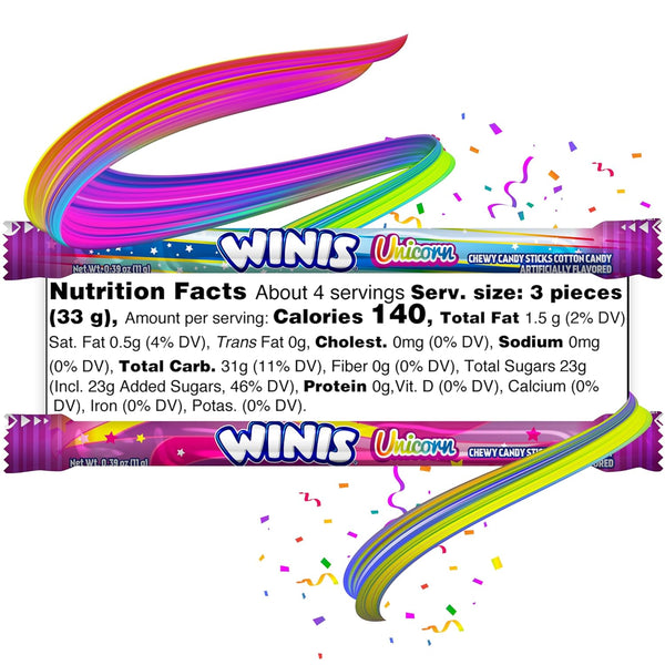 Winis Unicorn | Cotton Candy Chewy Taffy Swirl | 4.3 Oz, 11 Pieces | Chewy cotton candy flavored swirls, non-melting and party ready, sharing size