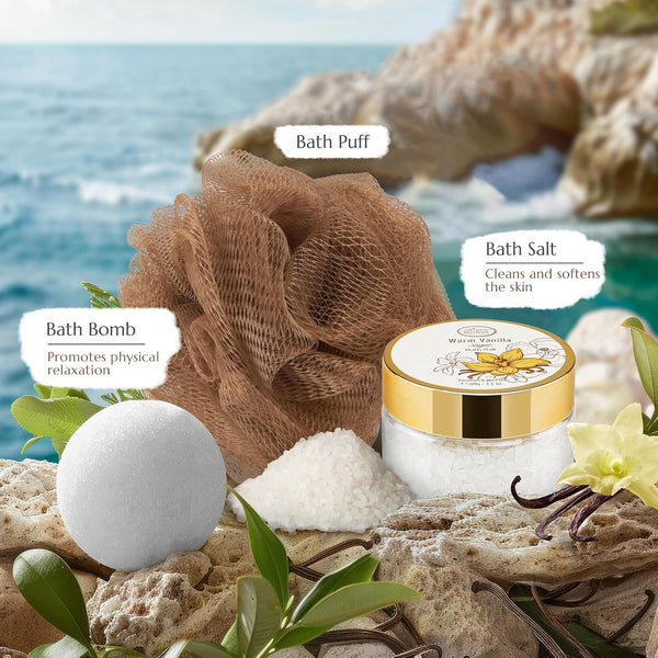 Bath and Body Warm Vanilla Sugar Spa Gifts for Women, with Shower Gel, Bubble Bath, Body Lotion, Bath Bomb, Bath Salt, Spa Basket Gift Set for