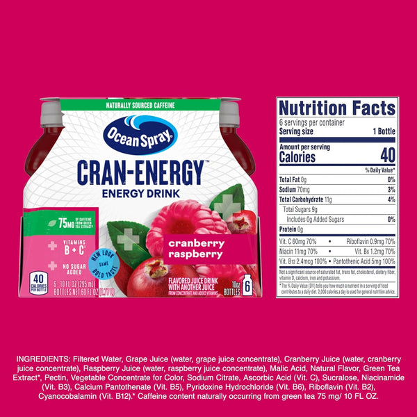 Ocean Spray® Cran-Energy™ Cranberry Raspberry Juice Drinks, 10 Fl Oz Bottles, 6 Count (Pack of 1) Cranberry Raspberry 10 Fl Oz (Pack of 6)