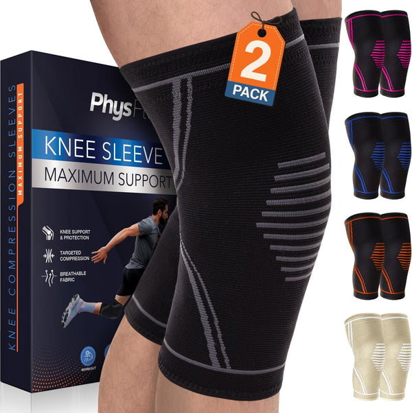 Knee Brace for Pain Relief - 2 Pack Knee Compression Sleeves for Men and Women - Support for Weightlifting, Gym, Workout, Volleyball - Meniscus