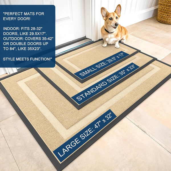 OLANLY Front Door Mat Outside 29.5x17, All-Season Heavy-Duty Rubber Doormat Beige Classic Border Rectangular 29.5" x 17"