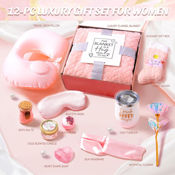 Birthday Gifts for Women Self Care Gifts Get Well Soon Gifts for Women,Relaxing Spa Gifts Basket W/Flannel Blanket Traveling Pillow Care Package