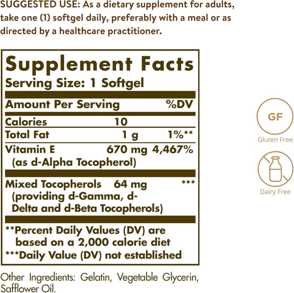 Solgar Vitamin E 670 Mg (1000 IU), 100 Mixed Softgels - Natural Antioxidant, Skin & Immune System Support - Naturally-Sourced Vitamin E - Gluten