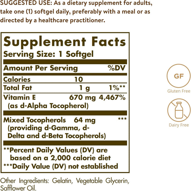 Solgar Vitamin E 670 Mg (1000 IU), 100 Mixed Softgels - Natural Antioxidant, Ski