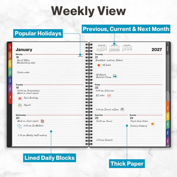 Dunwell Large Planner 2025-2026 Academic Year, 8.5 X 11 Daily Planner July 2025 - June 2026, Black Calendar Book with Colorful Tabs, Bookmark,