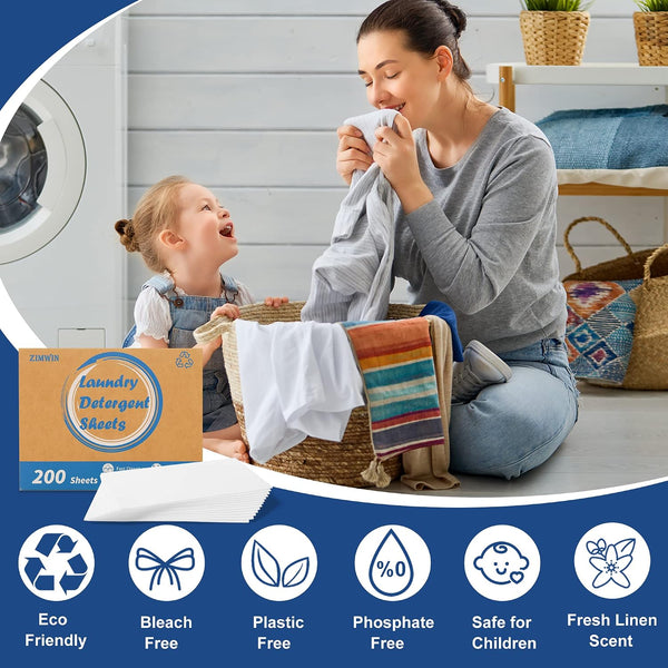 Laundry Detergent Sheets 200 Sheets, Fragrance-Free, Eco-Friendly, Plastic-Free, Hypoallergenic, Liquidless Washing Supplies for Dorm Travel