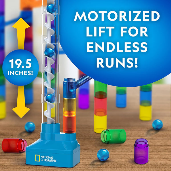 National Geographic Motorized Marble Run 150-Piece Building Set for Kids | Motorized Elevator, 30 Marbles, Storage Bag, Perpetual Motion Machine,