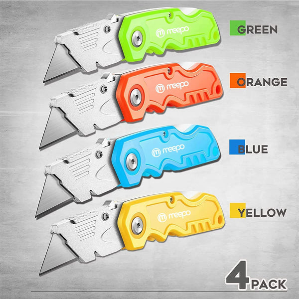 M MEEPO Box Cutter, 4-Pack Tough Folding Box Cutter for Heavy Duty Purpose, Razor Sharp Blade, Comfortable Handle, with Extra 10-Piece Blades, Can