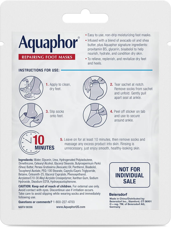 Aquaphor Repairing Foot Masks, Moisturizing Socks for Dry Feet, Hydrating Foot Care Treatment with Avocado Oil and Shea Butter, Pack of 6
