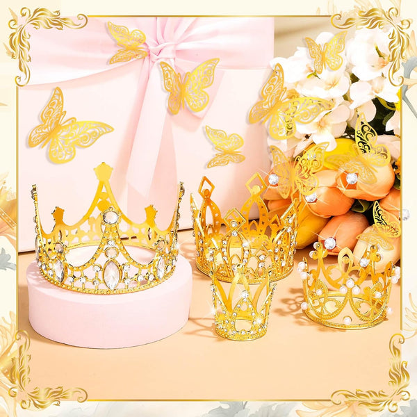 cridoz Gold Crowns for Flower Bouquets, Flower Bouquet Accessories Including 4 Pcs Bouquet Crown, 12 Pcs Butterfly Decorations and 50 Pcs Flower