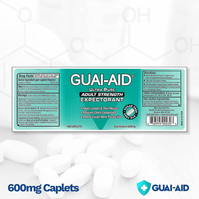 100 600mg Guaifenesin Caplets “for All-Day Everyday Mucus Relief” Controls phlegm, Cough, Chest Congestion, colds & flu.