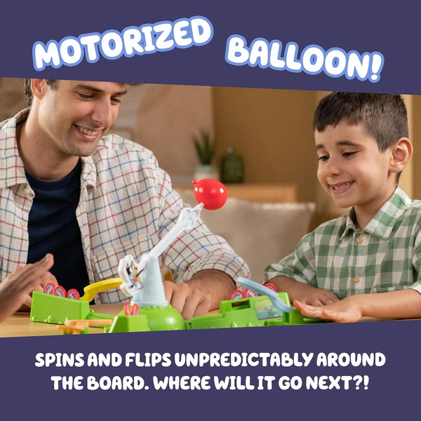 Bluey Keepy Uppy Game. Help, Bingo, and Chilli Keep the Motorized Balloon in the Air with the Character Paddles for 2-3 Players. Ages 4+