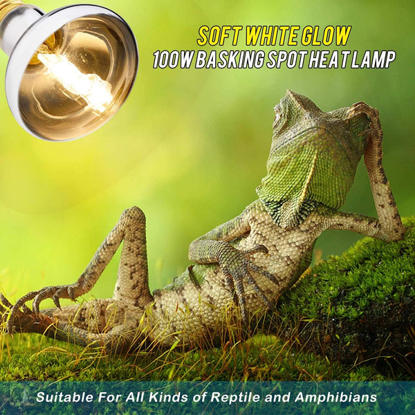 2 Pack 100W Reptile UVA Infrared Basking Spot Lamp,Full Spectrum Sun Soft Lighting Heat Bulbs,Silver Cover Glass,Bearded Dragon Light Bulbs for