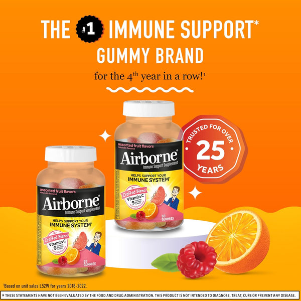 Airborne 750Mg Vitamin C Gummies for Adults, Immune Support Gummies with Powerful Antioxidants VIT C & E, Caffeine Free - 2X63Ct Bottle (42