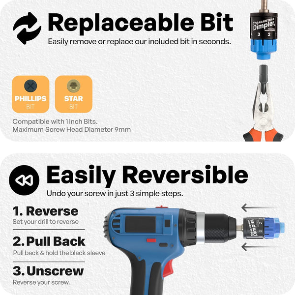 Adjustable DIMPLER Â® - Drywall Bit & Screw Gun Attachment, Converts Drill into Drywall Screw Gun or Deck Screwdriver, Magnetic Bit Holder for