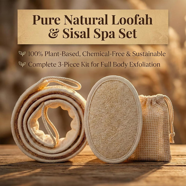 Natural Loofah Bath Set, Exfoliating Luffa Sponge Pads, Back Loofah Scrubber and Sisal Soap Bag. Bath Shower Loofah Sponges for Women and Men, for