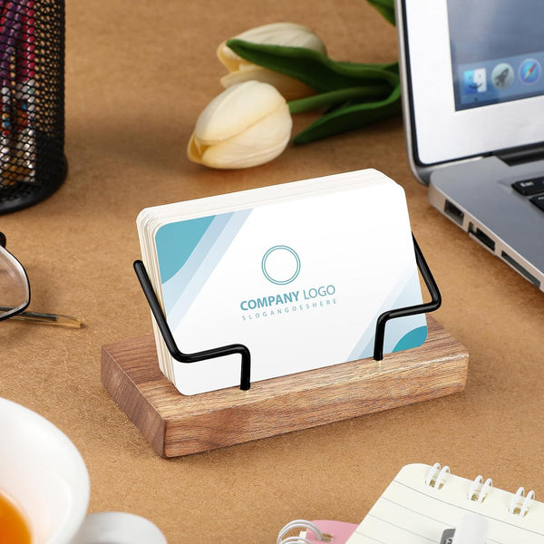 Amyhill 2 Pieces Wood Business Card Holder for Desk Wooden Business Card Display Stand Postcard Holder for Office Home Desktop (Light Wood Color,