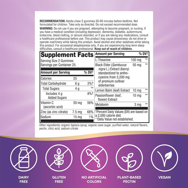 NatureâS Way Sambucus Sleep + Immune* Elderberry Gummies, Sleep and Immune Support*, with Melatonin, Vitamin C, L-Theanine, Zinc, 50 Gummies