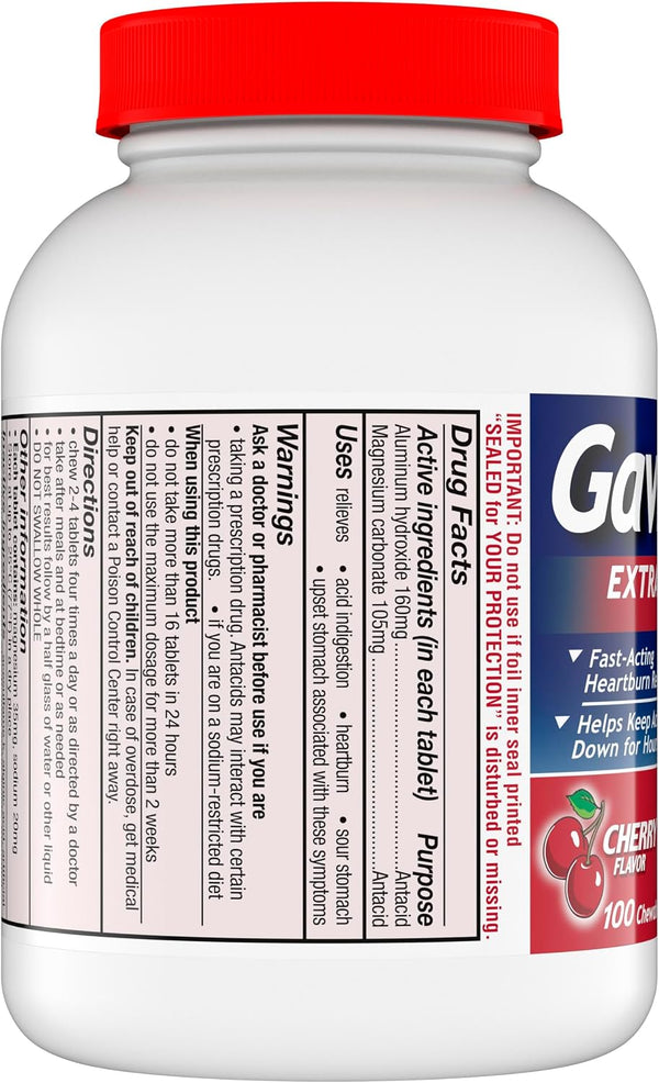 Gaviscon Extra Strength Cherry Chewable Tablet For Fast-Acting Heartburn Relief, 100 Count