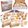 Wooden Train Tracks 68 Piece Expansion Pack Accessories with Arched Bridge, Engine Barge, Dock, Stop & Go Checkpoint, Signal Pole, Cross Track