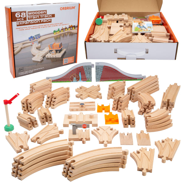 Wooden Train Tracks 68 Piece Expansion Pack Accessories with Arched Bridge, Engine Barge, Dock, Stop & Go Checkpoint, Signal Pole, Cross Track