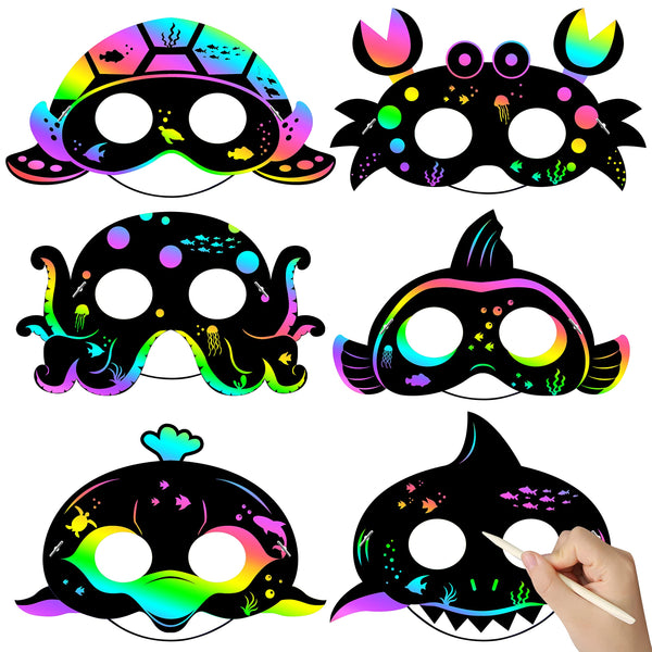 WATINC 30Pcs Ocean Animals Scratch Masks for Kids, 6 Styles Summer Paper Scratch off Art Magic Craft Party Favors Kit, DIY under the Sea Project