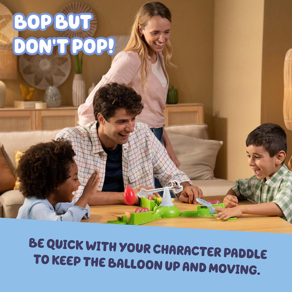 Bluey Keepy Uppy Game. Help, Bingo, and Chilli Keep the Motorized Balloon in the Air with the Character Paddles for 2-3 Players. Ages 4+