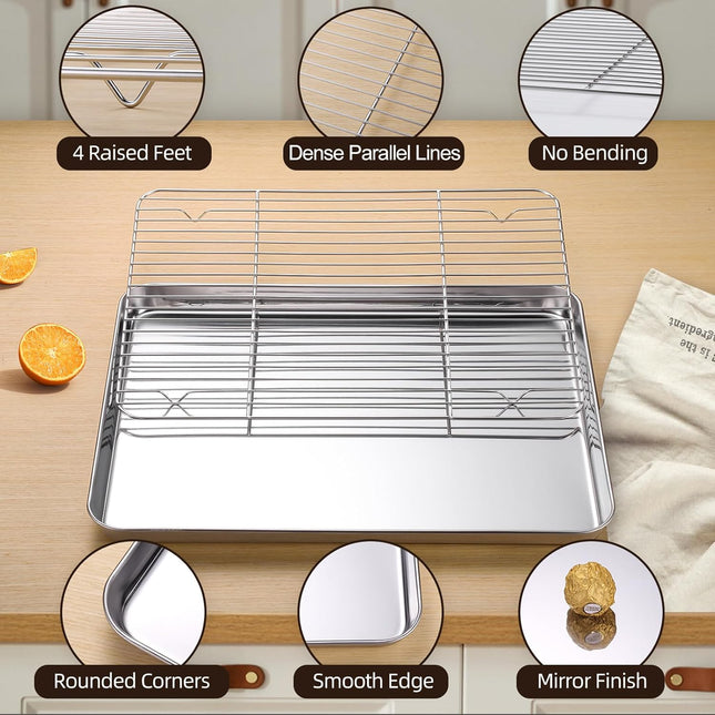 Baking Sheet with Cooling Rack Set of 6, 3 Premium Stainless Steel Cookie Sheets and 3 Wire Racks, Kitchen Nonstick Baki
