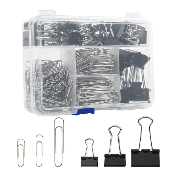 Assorted Size Binder Clips & Jumbo Paper Clips Set - 340pcs Black, Large for Office & School Supplies, in Container with Compartments 1.97 inches