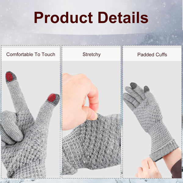 2 Pairs Women's Gloves for Cold Weather, Winter Touch Screen Gloves Women, Warm Fleece Lined Knit Gloves Black, Gray