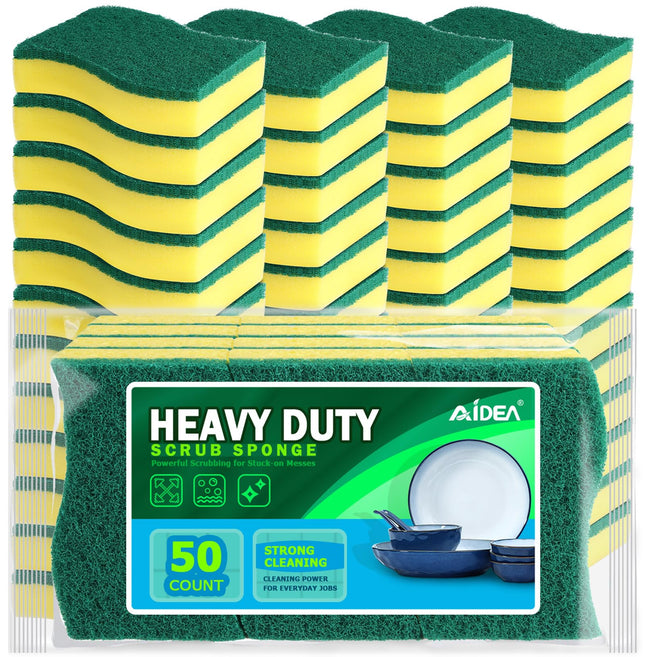 AIDEA Heavy Duty Scrub Sponge-50 Count, Cleaning Sponge, Kitchen Dish Sponge, Effortless Cleaning Eco Scrub Pads for Dis