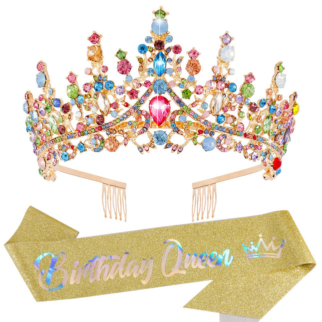 Velscrun Colourful Crystal Birthday Queen Tiara Crown for Women Girls Birthday Q