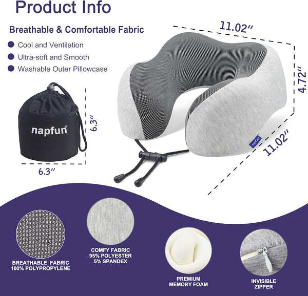 Napfun Neck Pillow for Traveling, Upgraded Travel Neck Pillow for Airplane 100% Pure Memory Foam Travel Pillow for Flight Headrest Sleep, Portable