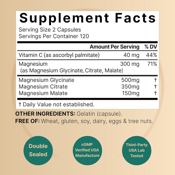 Triple Complex Magnesium Supplement, 240 Capsules | Magnesium Glycinate 500Mg with Citrate & Malate | Chelated & Purified | Bone, Heart, & Muscle
